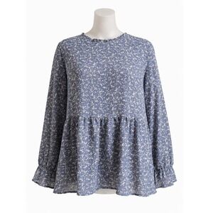 Petallush Blue Floral Ditsy Print Babydoll Blouse Ruffle Neck Peplum Top XL NEW